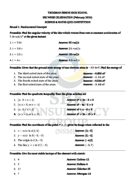 TECHIMAN SENIOR HIGH SCHOOL SCIENCE MATHS QUIZ COMPETITION Round 1 ...