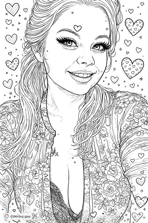 Whimsical Floral Portrait with Hearts - Coloring.app