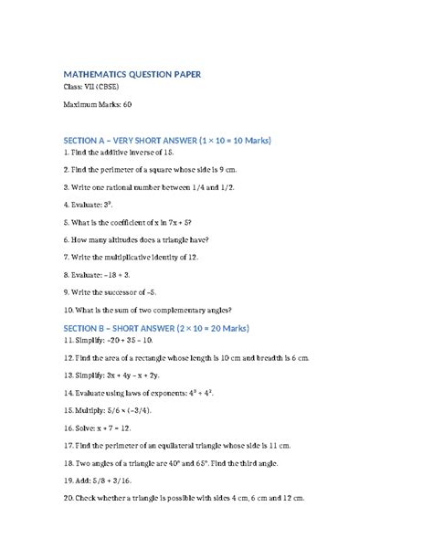 Class 7 CBSE Math Question Paper - 60 Marks - Studocu