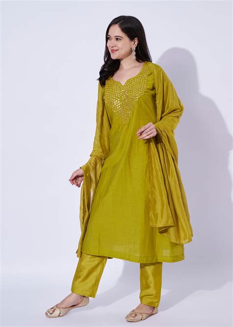 Lime Green Mul Chanderi Anarkali Suit