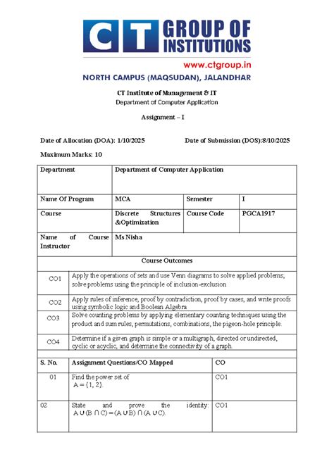 Assignment I for MCA - Discrete Structures (PGCA1917) - Studocu