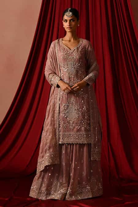 Buy Purple Tissue Sequins, Zari, Embroidery V-neck Sharara Set For ...