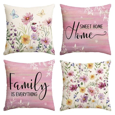 Brythos Pink Floral Birds Pillow Covers Set of 4, 18x18 inches Sweet ...