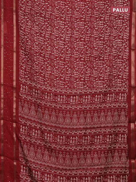 Semi dola saree maroon with warli prints and zari woven sequin work bo ...