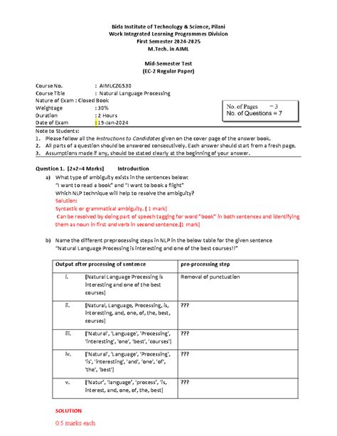 NLP Midsem Paper (AIMLCZG530) - Jan 2025 Regular Solutions - Studocu