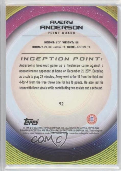 2022-23 Bowman Inception University Avery Anderson #92 7l6 | eBay