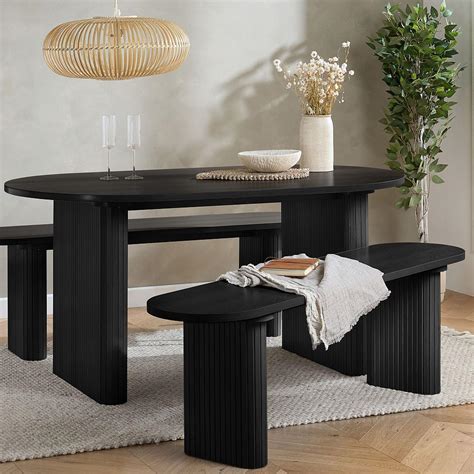 Axel Oval Dining Set - 6 Seater - 160cm - with 2 Benches - Black Fluted ...