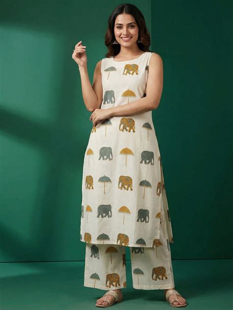 Off White & Yellow Pure Cotton Co-Ord Set with Abstract Print and Stra