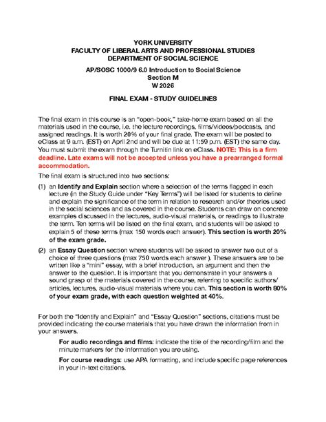 YORKU SOC SCI 6.0 Final Exam Study Guidelines 2026 - Studocu