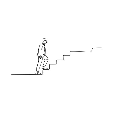 A single line drawing depicts a man ascending a flight of stairs ...