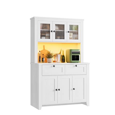 66" Tall Kitchen Pantry Cabinet with LED Lights & Charging Station ...