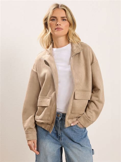 Buy PixieGirl Petite Natural Suedette Funnel Neck Bomber Jacket from ...