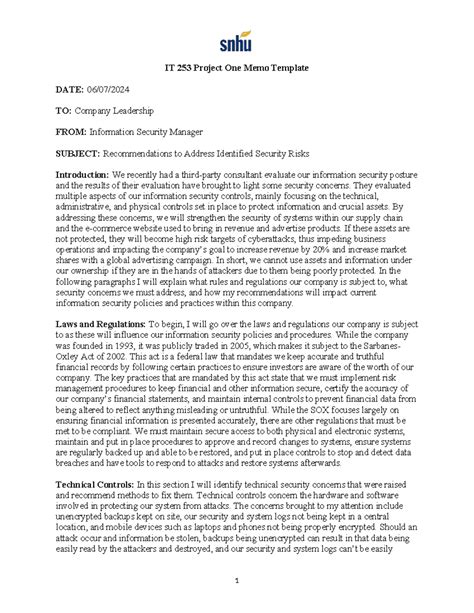 IT 253 Project One: Security Risk Recommendations Memo - Studocu