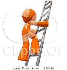 An orange stick figure climbs a ladder.