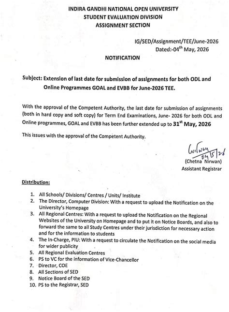 IGNOU June TEE 2026 Assignment Submission Deadline Extended Again ...