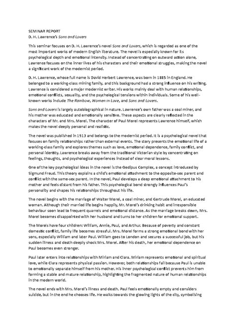 Seminar Report: Analyzing D.H. Lawrence's Sons and Lovers - Studocu