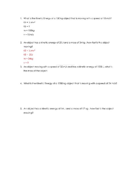 Kinetic Energy Calculations: KE Problems and Solutions - Studocu