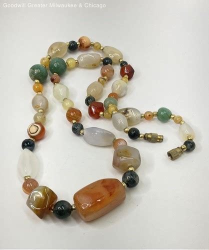 Gold Tone Natural Agate Polished Rock Beaded Necklace 77.8g | eBay
