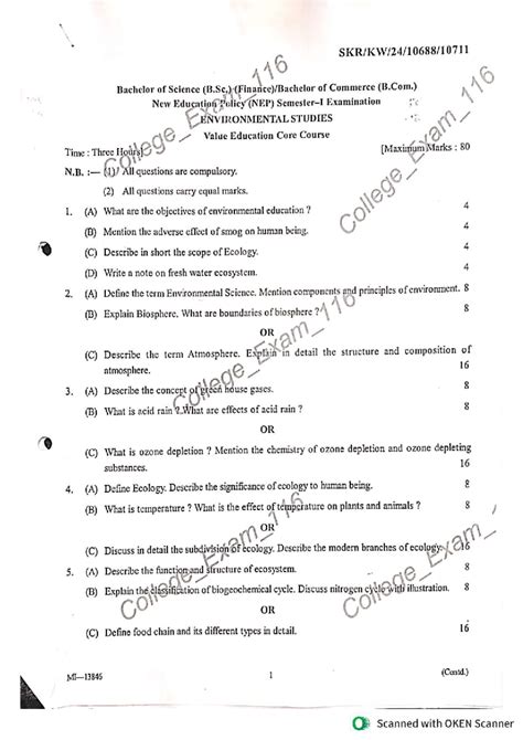 B.Sc. 116 Environmental Studies Exam Study Paper - NEP 2023 - Studocu