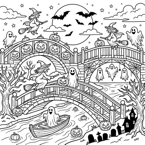Halloween River Bridges Coloring Page - Spooky Fun