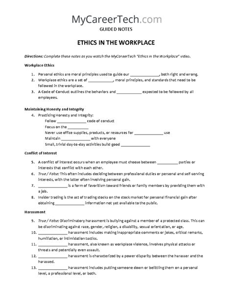 Workplace Ethics Guided Notes for MyCareerTech Course - Studocu