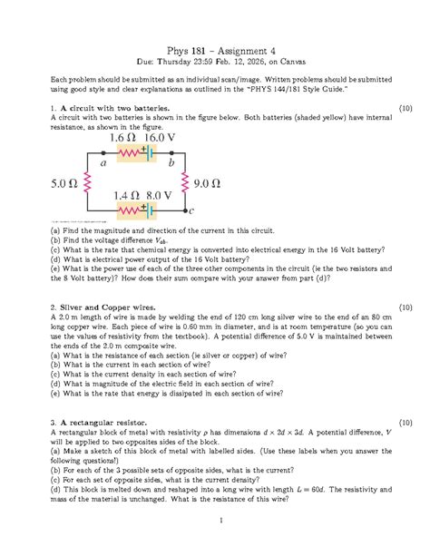 Phys 181 Homework 4: Circuit Analysis & Resistivity Problems - Studocu
