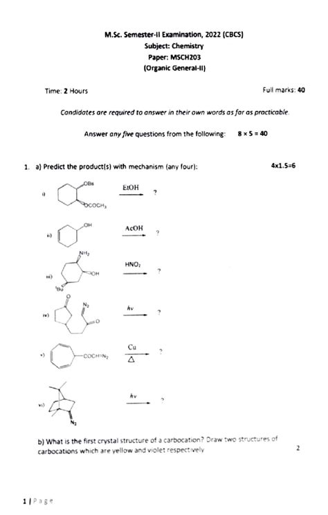 M.Sc. Chemistry MSCH203 Exam Paper 2022: Organic Chemistry Questions ...