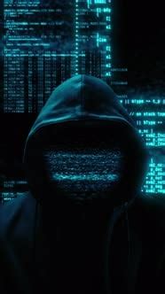 Hooded Hacker with Glitching Face and Scrolling Digital Code Background ...