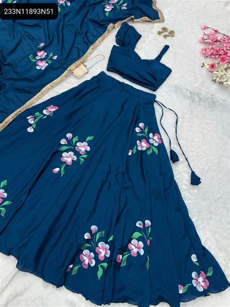 TRENDBUY Teal Chinon Handpaint Floral Lehenga Choli | Ready-to-Wear ...