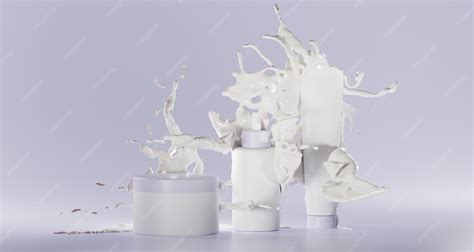 White cosmetics with milk splash and drops on purple background mock up ...
