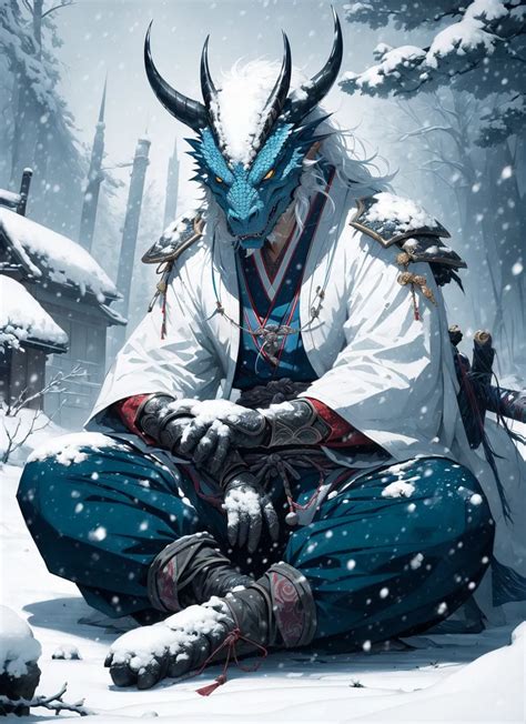 Blue Dragonborn Warrior Sitting in Snow - AI Image Gallery | Diffus