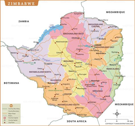 Zimbabwe Map with Provinces, Cities, Roads and Rivers