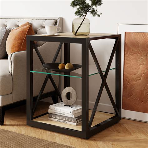 LUXEYARD Modern End Table with Tempered Glass and Wood Top in the End ...