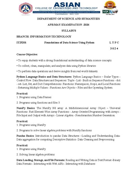 IT25201 Foundations of Data Science Using Python - Exam Syllabus - Studocu
