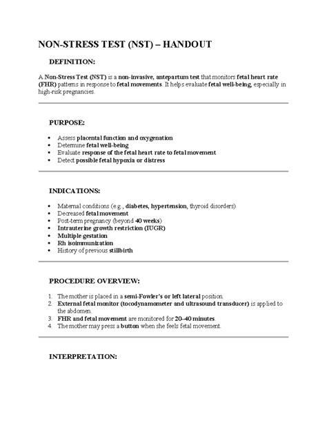 Non-Stress Test (NST) Overview and Procedure Guide - Studocu