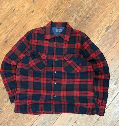 Vintage 60s Pendleton Board Shirt Red Plaid Wool Loop Collar Flap ...