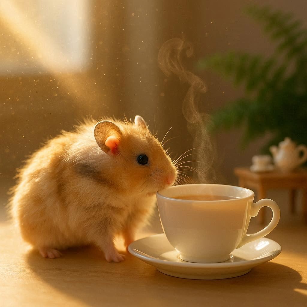 In a spotless, sunlit studio, a fluffy hamster leans toward a gently steaming porcelain teacup, its fur glowing warmly in bright late-afternoon light. A vivid sunbeam transforms drifting dust into golden sparks, with a soft-focus green fern and a delicate miniature table setting suggesting a cozy world beyond the frame, Realistic Photo style.