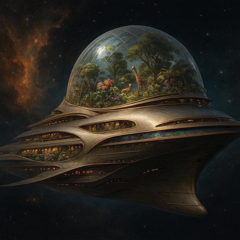 A luxury space liner, an exquisite spaceship, traveling through space. It features a large, clear dome at the top of the ship and an observation garden filled with exotic plants and animals from various planets. Conceptualization of the ship, illustrated in digital art.