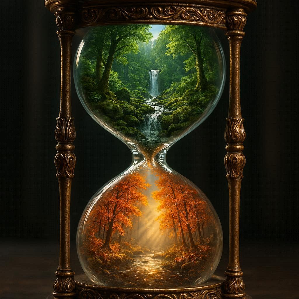Ultra high-quality cinematic 8K image: a crystal-clear glass hourglass holds two miniature worlds. Upper half: lush green forest, daylight, detailed trees, moss rocks, shimmering river, waterfall. Lower half: autumn forest, golden foliage, sunlight rays, misty river. Ornate brass or carved wood frame, low-centered perspective, magical feel.