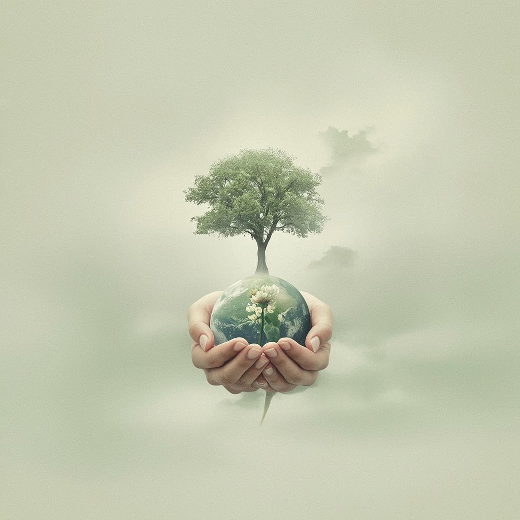 an elegant art‑house style poster featuring a symbolic natural element at the center—such as a lone tree, a blooming flower, or a small planet cradled by hands. Use soft diffused lighting, minimalist composition, and a muted green‑beige palette. Add subtle grain texture, poetic atmosphere. Convey calmness, renewal, and environmental awareness without referencing any existing brands or films。第 1 个图像，共 2 个图像