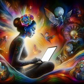 Transform the image of a person with their face obscured, sitting in front of a laptop into an ethereal, surreal artwork inspired by Frida Kahlo; incorporate vivid colors, symbolic elements, and an otherworldly atmosphere to evoke deep emotions and reflections.. Image 1 of 4