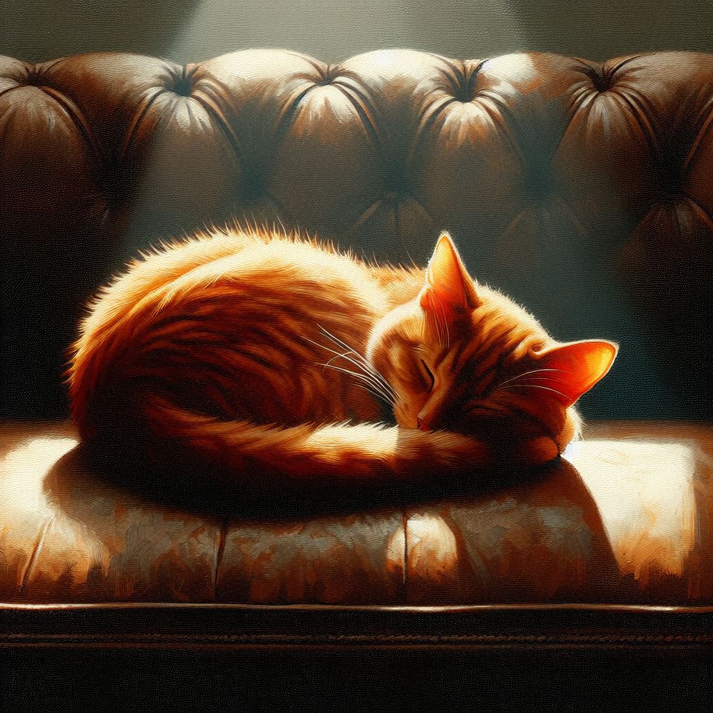 Minimalist oil painting of a curled-up orange cat on a vintage leather couch with sunlight streaming in on the cat。第 4 个图像，共 4 个图像