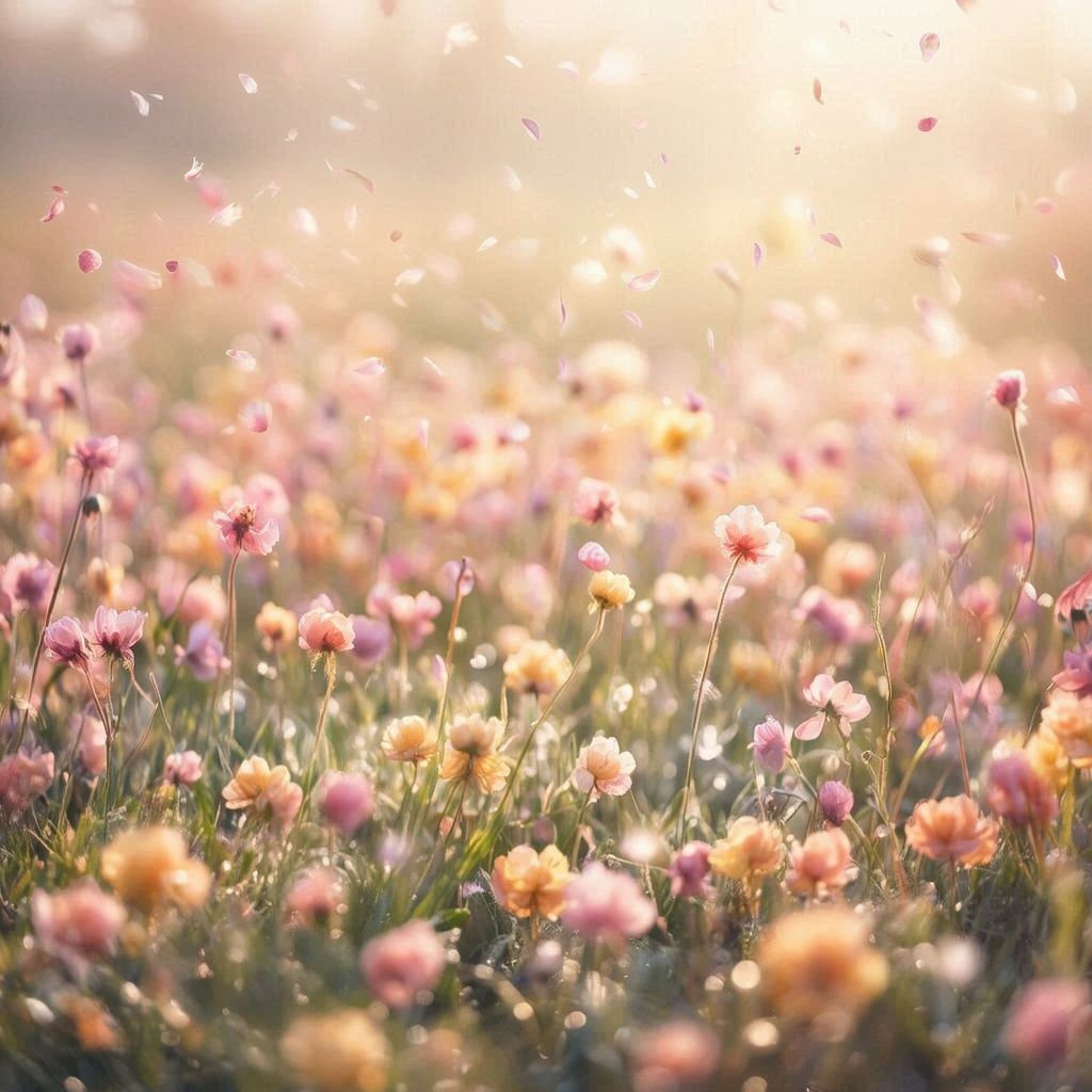 Soft pastel spring meadow filled with blooming wildflowers in pink, peach, and butter‑yellow tones, gentle sunlight diffused through light morning haze, tiny petals drifting in the breeze, shallow depth of field with creamy bokeh, dewy highlights sparkling on grass, serene and airy atmosphere, ultra‑detailed florals, soft motion in leaves and petals, high‑quality photographic style with a peaceful, uplifting spring mood.。第 3 个图像，共 4 个图像