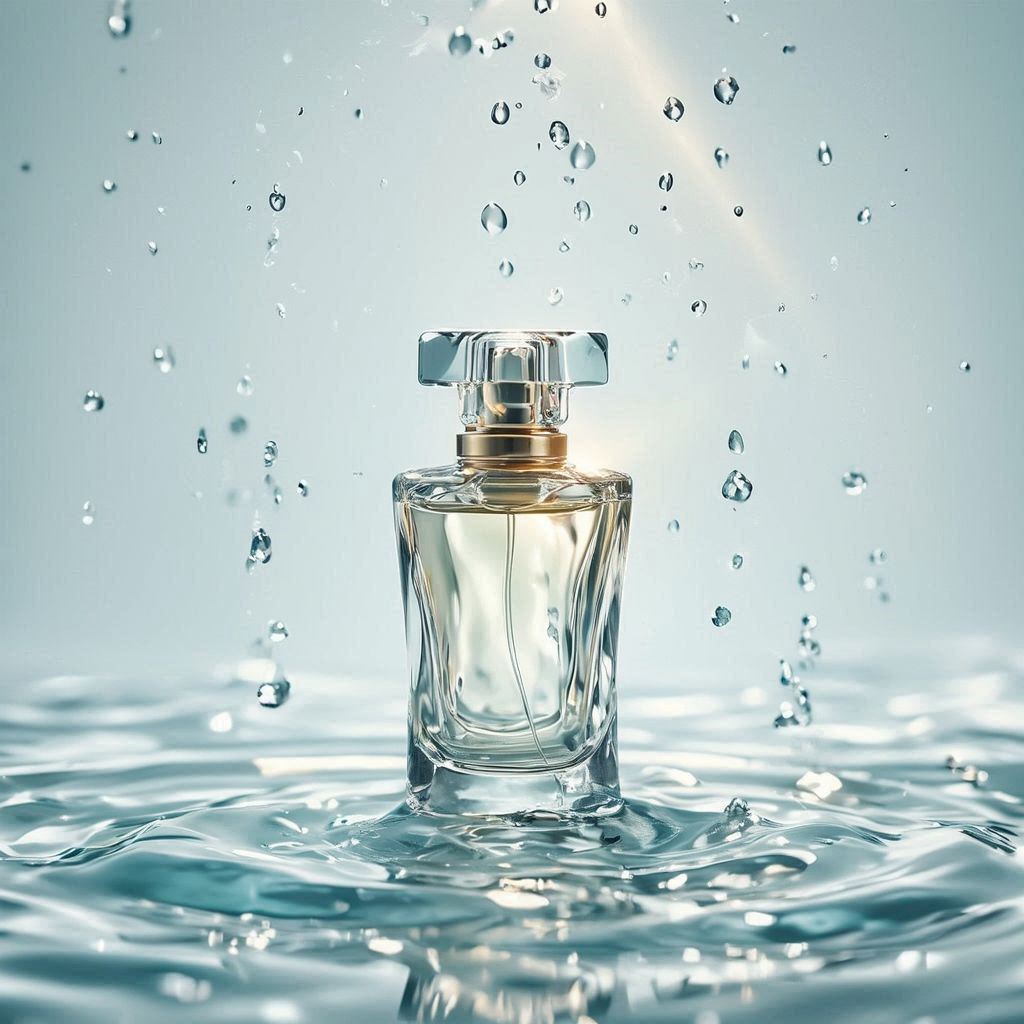 A sculpted glass perfume bottle stands on a glossy, water‑rippled surface catching soft shimmering highlights, with droplets drifting like crystallized mist. Centered against a pale aqua‑to‑white gradient, it’s lit by cool diffused studio light that sharpens the glass edges, while a warm golden beam grazes the bottle. Subtle translucent waves around the base enhance the fresh, pure, high‑end feel in crisp premium photography.. Image 4 of 4