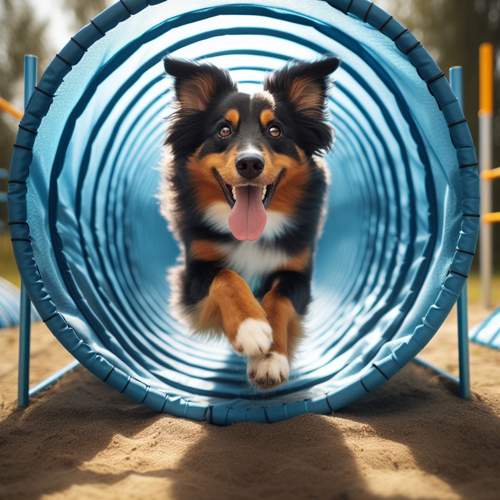 pes, který běží prostřed agility tunelu