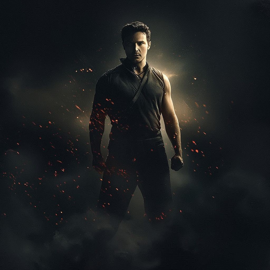Create a dramatic cinematic movie poster featuring a powerful central character standing in a bold, heroic pose. Use dynamic lighting, deep shadows, and a high‑contrast color palette. Add atmospheric elements like fog, sparks, or glowing light to enhance tension. Include stylized title typography, subtle texture, and a strong sense of scale, evoking epic storytelling without referencing any existing films.。第 3 个图像，共 3 个图像