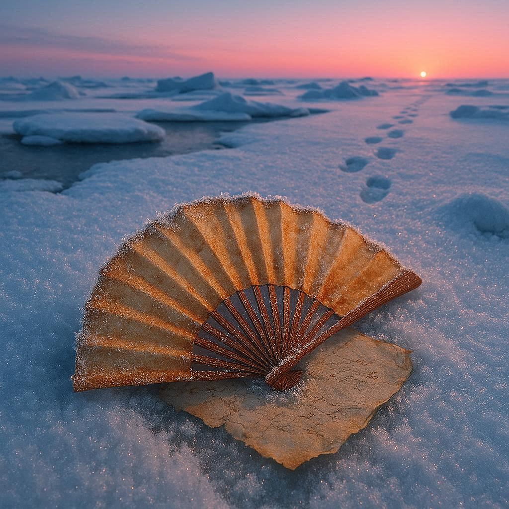 Amid drifting Arctic ice, a delicate folding fan lies half-buried in sparkling frost, its warm browns and ochres softened by age, frost crystals glistening on its ribs. Beneath, torn parchment peeks from the ice, ink faded into ghostly shapes. Crisp footprints lead toward a glowing rose-tinted twilight horizon under a bright, clear sky. Photorealistic.