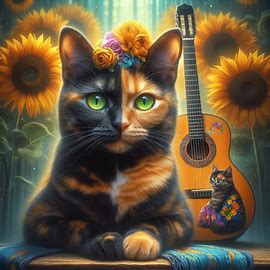 Ethereal, hyper realistic image of short-haired tortoiseshell cat with green/yellow eyes with sunflowers in the background and full guitar with six strings in foreground with cat with Frida Kahlo style. Image 3 of 4