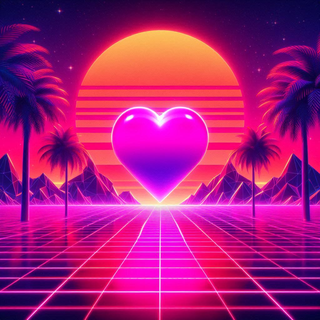A neon‑drenched 80s synthwave landscape with a giant glowing heart sun setting behind palm trees, retro grid floor reflecting pink and purple hues, bold Valentine style.. Image 3 of 4