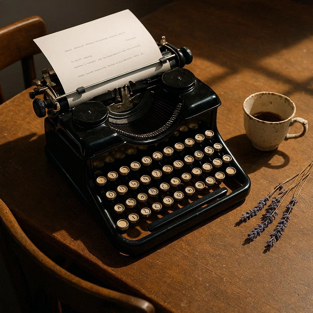 Under bright studio lighting, a polished black vintage typewriter gleams, its ivory keys worn smooth from years of use. A half-finished page rests in the carriage with fresh ink glistening. Beside it, a chipped porcelain teacup and a sprig of dried lavender cast gentle shadows on a dust-speckled wooden desk, the chair slightly askew, all in vivid photorealistic detail.